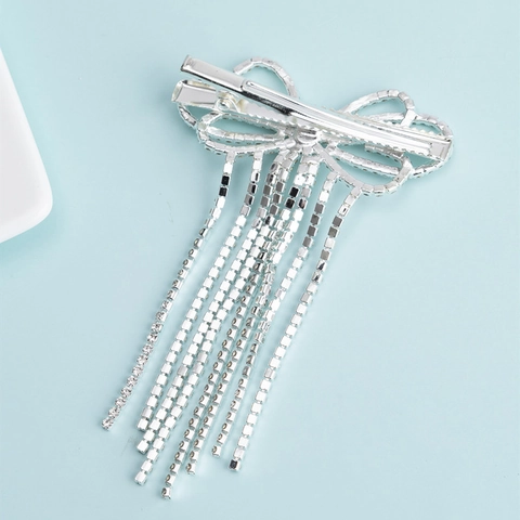 Luxuriöse Silber Legierung Schleife Strass Quaste Haarspange Süße Elegante Fransen Entenschnabel Clip Für Hochzeit Party Damen