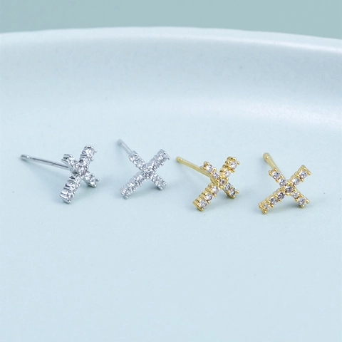 Orecchini a Bottone a Croce a Forma di X Minimalisti per Donna Con Perno in Argento Sterling 925 Strass Intarsiato Gioielli di Moda