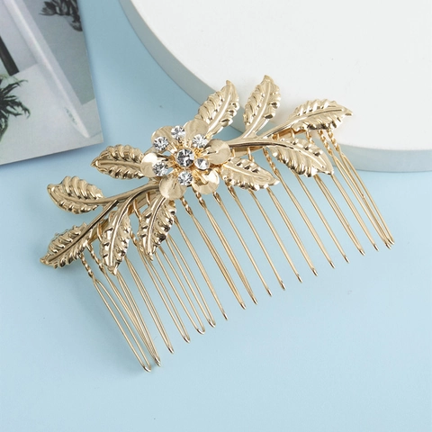 Koreanischer Stil Braut Legierung Strass Haarkamm Blatt Blumenform Vergoldet Hochzeit Party Dekorative Haarschmuck Für Damen