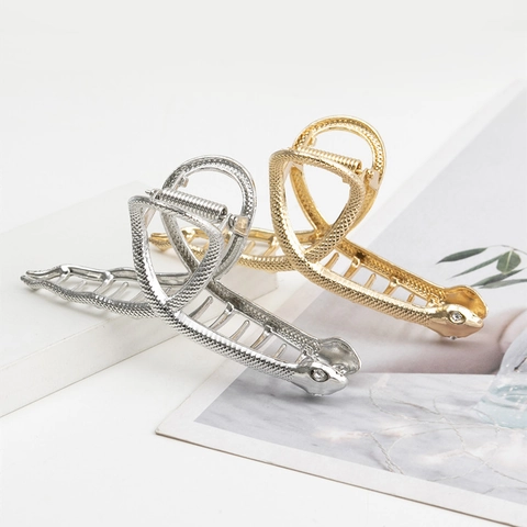 Einzigartige Schlangenform Metall Haarklammer Elegant Zinklegierung Strass Shark Clip Groß Retro Gold Silber Haarschmuck