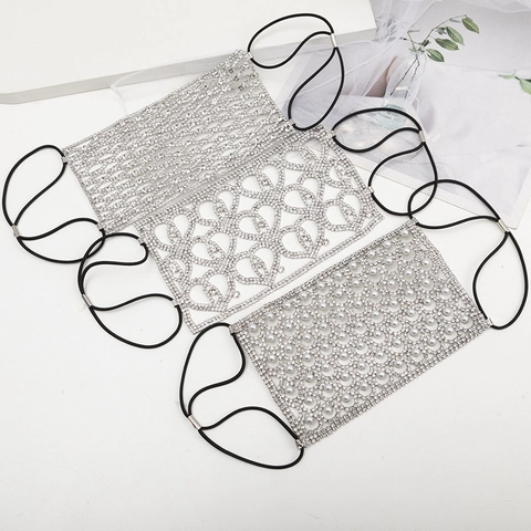 Esagerata Decorazione Viso Elastica Geometrica Maschera a Rete con Strass Gioielli per Donna Festa Matrimonio Argento Accessorio Viso