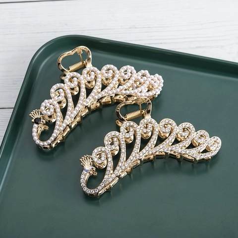 Pinza per Capelli in Metallo a Forma di Pavone e Onda Stile Coreano Oro Perla Artificiale Strass Accessorio per Capelli Donna