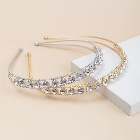 Minimalist Double Layer Metal Headband With Rhinestones Elegant Gold Silver Crystal Hair Hoop For Women Wedding Party Jewelry