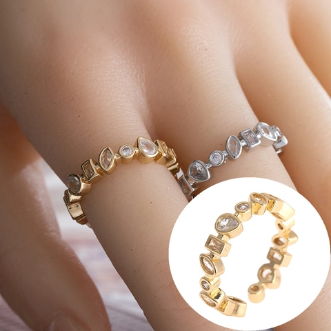 Retro Copper Open Adjustable Ring For Women Minimalist Geometric Inlaid Rhinestone Finger Ring Fashion Jewelry Gift