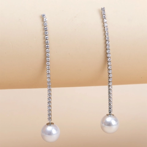 Long Tassel Artificial Pearl Drop Earrings With 925 Sterling Silver Post Sparkling Zirconia Rhinestone Linear Earrings For Women