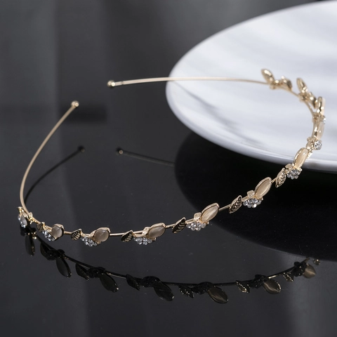 Serre-Tête Fin en Métal Élégant pour Femme Doux Pierre de Chat Strass Design Feuille Coiffure Style Fée Accessoires Cheveux Fête