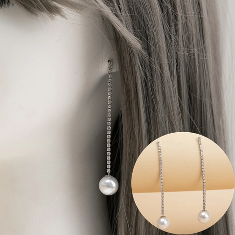 Long Tassel Artificial Pearl Drop Earrings With 925 Sterling Silver Post Sparkling Zirconia Rhinestone Linear Earrings For Women