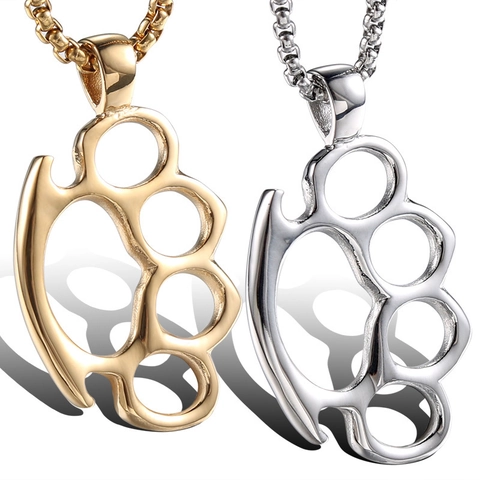Hip Hop Stainless Steel Alloy Knuckle Duster Pendant Necklace Punk Street Style Jewelry For Men Women Gold Silver Polished