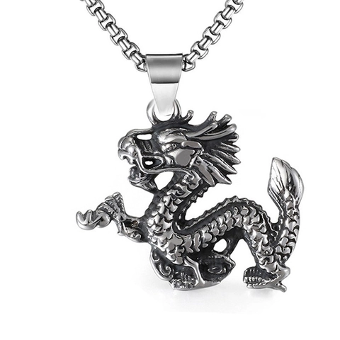 Vintage Chinese Dragon Pendant Necklace For Men Women Punk Gothic Stainless Steel Alloy Jewelry Silver Tone Animal Dragon Necklace