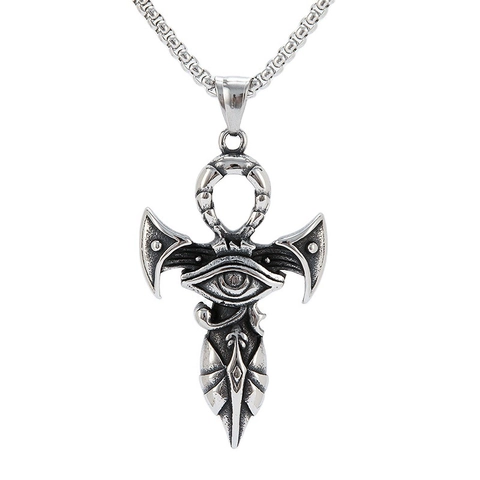 Collier Pendentif Croix Ankh Œil d'Horus Égyptien Vintage en Acier Inoxydable Vieilli Alliage Bijoux Religieux pour Hommes Femmes Unisexe Ton Argent Antique Cadeau