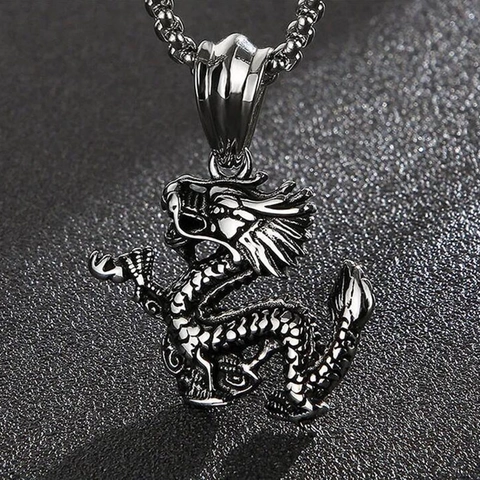 Vintage Chinese Dragon Pendant Necklace For Men Women Punk Gothic Stainless Steel Alloy Jewelry Silver Tone Animal Dragon Necklace