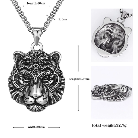 Collier Pendentif Tête de Tigre Gothique Rétro pour Homme Acier Inoxydable Alliage Bijoux Animaux Collier Vintage