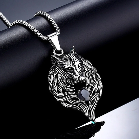 Punk Rock Wolf Head Pendant Necklace Stainless Steel Alloy With Red White Black Rhinestone Inlaid Totem Jewelry For Men