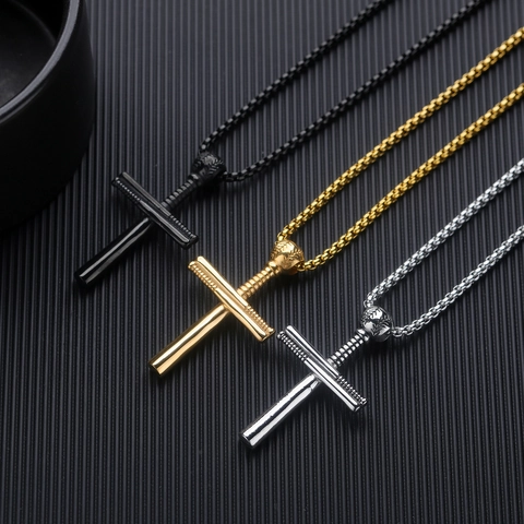 Men Sporty Baseball Bat Cross Pendant Necklace Alloy Baseball Themed Cross Charm Necklace For Athletes Jewelry Gift
