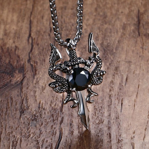 Gothic Double Dragon Sword Pendant Necklace Stainless Steel Chain Alloy Rhinestone Punk Fantasy Jewelry For Men Women
