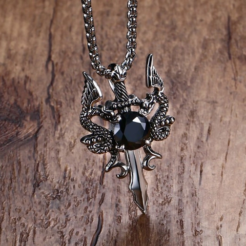 Gothic Double Dragon Sword Pendant Necklace Stainless Steel Chain Alloy Rhinestone Punk Fantasy Jewelry For Men Women