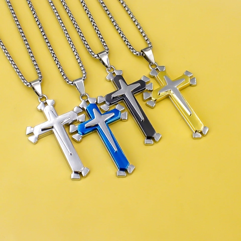 Stainless Steel Cross Pendant Necklace Triple Layer Design Titanium Steel Jewelry For Men Women Minimalist Punk Rock Religious Style Gift