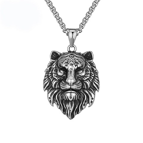 Vintage Roestvrij Stalen Leeuwenkop Tijger Hanger Halsketting Voor Heren Gotisch Hip Hop Punk Dieren Sieraden Antiek Zilver
