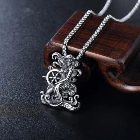 Collana Con Pendente a Forma di Sirena e Timone d'Epoca Catena Veneziana in Acciaio Inossidabile Gioielli Nautici Hip Hop Retro per Uomo Donna