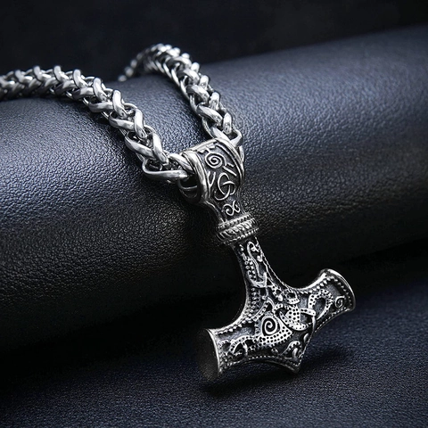 Nordic Viking Thors Hammer Pendant Necklace Vintage Alloy Celtic Knot Rune Mjolnir Keel Chain Heavy Metal Jewelry For Men Women