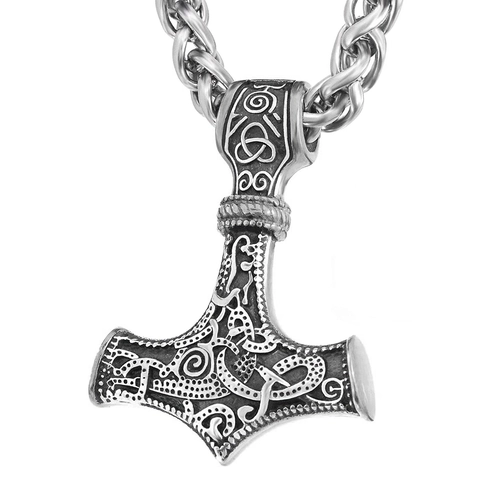 Nordic Viking Thors Hammer Pendant Necklace Vintage Alloy Celtic Knot Rune Mjolnir Keel Chain Heavy Metal Jewelry For Men Women