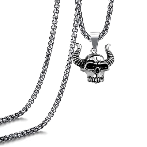 Vintage Titanium Steel Skull Bull Head Pendant Necklace For Men Women Punk Gothic Hip Hop Street Jewelry Box Chain Necklace