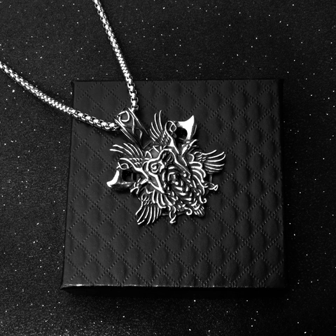 Collana con Pendente in Acciaio Inossidabile Mitologia Nordica Vichinga Retro Punk Gothic Pirata Doppia Ascia Corvo Teschio