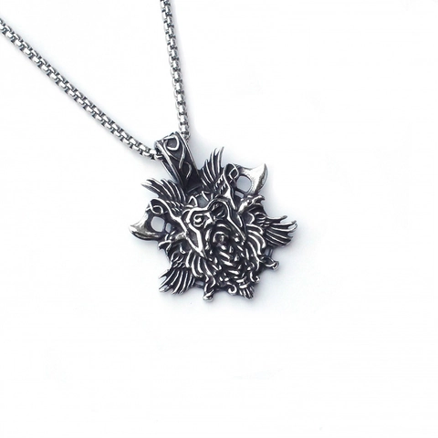 Collana con Pendente in Acciaio Inossidabile Mitologia Nordica Vichinga Retro Punk Gothic Pirata Doppia Ascia Corvo Teschio