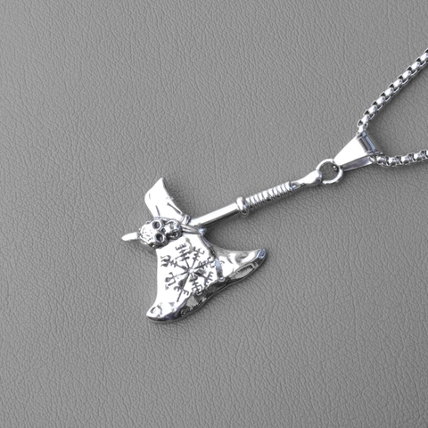 Vintage Viking Axe Pendant Necklace For Men Stainless Steel Box Chain Nordic Vegvisir Compass Skull Punk Gothic Jewelry Silver
