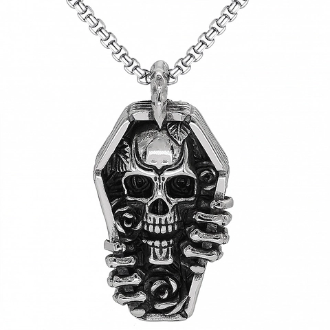 Gothic Sarg Totenkopf Anhänger Halskette Edelstahl Legierung Punk Retro Knochen Rose Design Schmuck Für Herren Damen