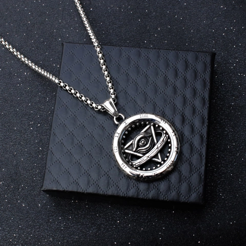 Collana con Ciondolo Occhio della Provvidenza Retrò Acciaio Inossidabile Catena a Scatola Lega Medaglione Rotondo con Numeri Romani Gioielli Punk Gothic per Uomo