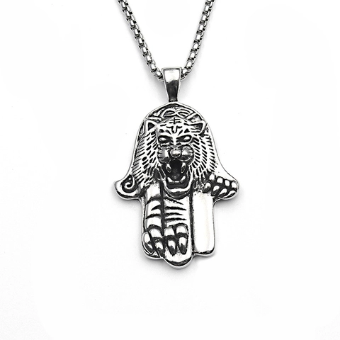 Retro Stainless Steel Alloy Tiger Hamsa Hand Pendant Necklace For Men Women Punk Viking Snake Anchor Jewelry