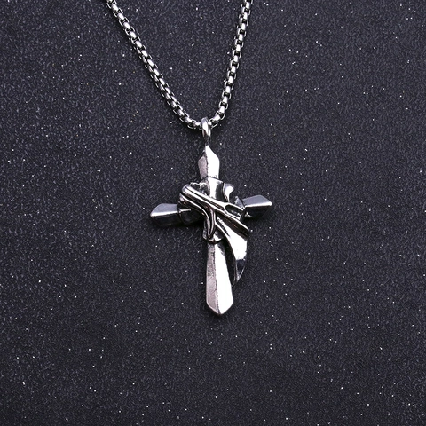 Retro Punk Stainless Steel Cross Pendant Necklace For Men Gothic Viking Sword Skull Alloy Charm Box Chain Jewelry