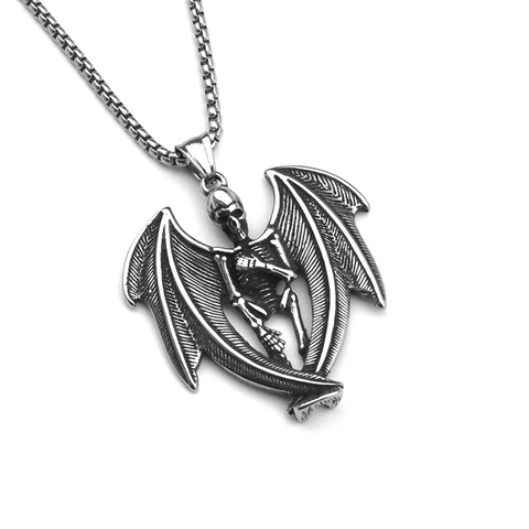 Gothic Punk Necklace Titanium Steel Chain Alloy Pendant Skull Bat Angel Wing Vintage Antique Silver Jewelry For Men Women