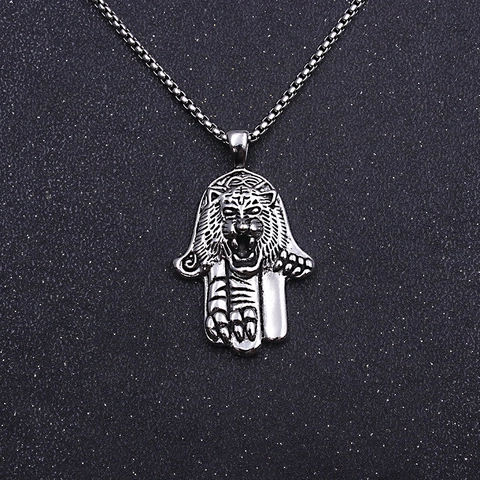 Vintage Tigerkopf Hand Der Fatima Anhänger Halskette Für Herren Damen Edelstahl Box-Kette Punk Gothic Legierung Tier Schmuck