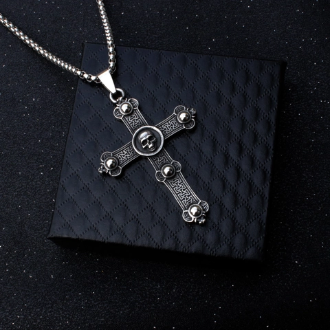 Vintage Gothic Skull Cross Pendant Necklace For Men Women Stainless Steel Box Chain Retro Punk Hip Hop Jewelry Gift