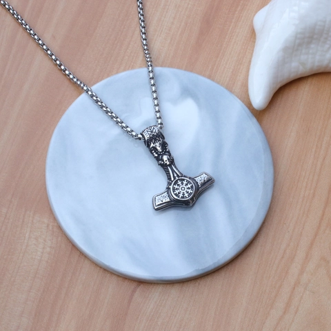 Vintage Viking Thor's Hammer Pendant Necklace For Men Stainless Steel Box Chain Odin Mjolnir Compass Punk Jewelry Gift