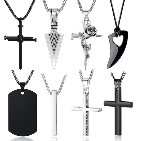 Zinc Alloy Rhinestone Cross Pendant Necklace For Men Gothic Punk Arrow Wolf Tooth Dog Tag Pendant Hip Hop Jewelry