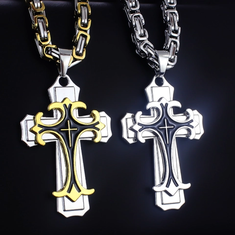 Men's Gothic Stainless Steel Cross Pendant Necklace Retro Byzantine Chain Triple Layered Alloy Rhinestone Religious Punk Jewelry