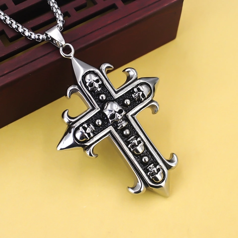 Gothic Totenkopf Kreuz Anhänger Halskette Für Herren Damen Edelstahl Legierung Strass Punk Rock Retro Ghost Schmuck Geschenk