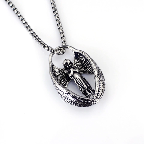 Retro Angel Wings Stainless Steel Pendant Necklace Hip Hop Punk Gothic Cross Wolf Head Lion King Jewelry For Men Women