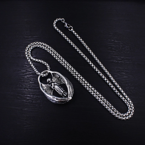 Vintage Stainless Steel Angel Wings Pendant Necklace For Men Women Gothic Skull Cross Snake Byzantine Box Chain Punk Jewelry