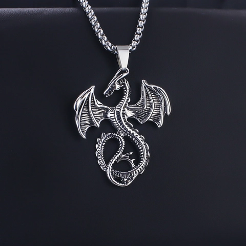 Collana con Pendente a Forma di Drago in Acciaio Inossidabile Gotico per Uomo Donna Punk Rock Animale Mitico Croce Teschio Gioielli