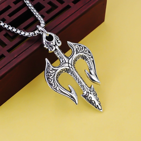 Vintage Stainless Steel Trident Pendant Necklace For Men Retro Punk Gothic Angel Dragon Snake Cross Skull Mythological Jewelry Gift