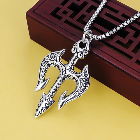 Vintage Stainless Steel Trident Pendant Necklace For Men Retro Punk Gothic Angel Dragon Snake Cross Skull Mythological Jewelry Gift