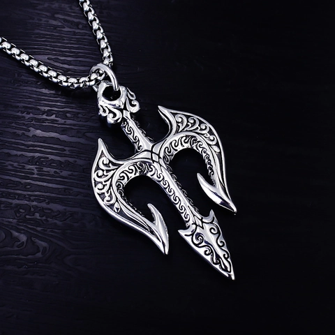 Collana Con Pendente a Tridente in Acciaio Inossidabile Vintage per Uomo Punk Gothic Lega Inciso Fascino Gioielli