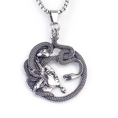Vintage Medusa Snake Head Pendant Necklace Stainless Steel Alloy Gothic Punk Hip Hop Mythological Jewelry For Men Women Daily Party Accessory
