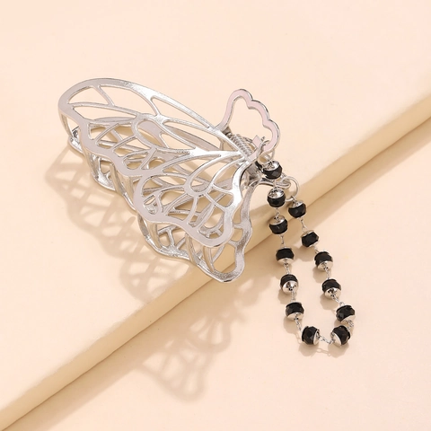 Pinza para el Pelo de Mariposa Vintage Francés Elegante de Aleación Plateada Con Borla de Cuentas Negras Calada para Mujer