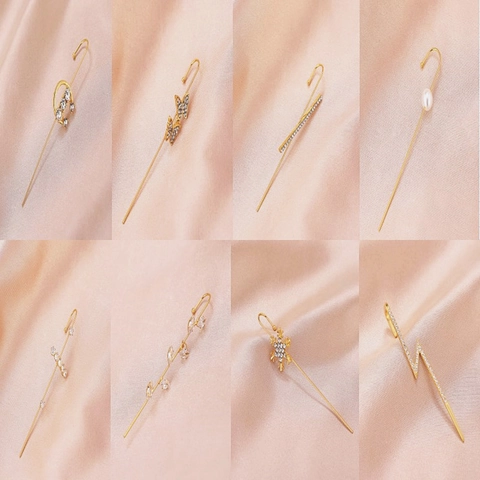 Alloy Rhinestone Butterfly Lightning Leaf Ear Crawler Earrings Elegant Artificial Pearl Snowflake Ear Cuffs Jewelry For Women Party