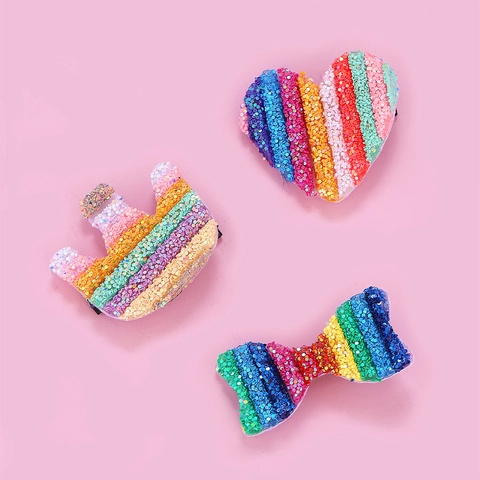 Rainbow Sequin Hair Clips For Kids Glitter Bow Heart Crown Side Clips Handmade Colorful Plastic Hair Accessories For Girls